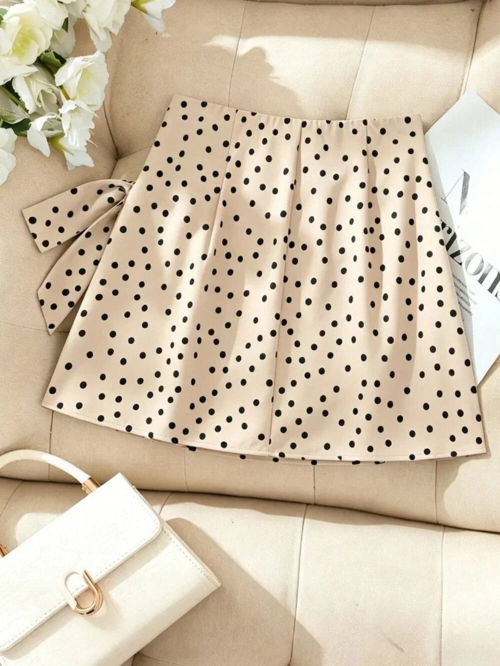 Apricot Casual Women's High Waist Polka Dot A-Line Mini Skirt